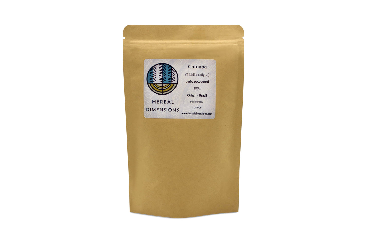 Brown pouch of Catuaba with the Herbal Dimensions logo