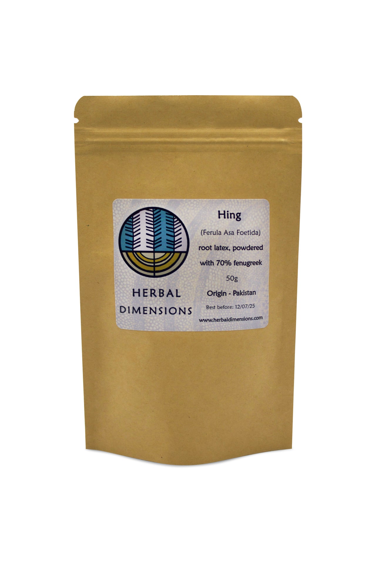 A packet of Hing with a Herbal Dimensions logo