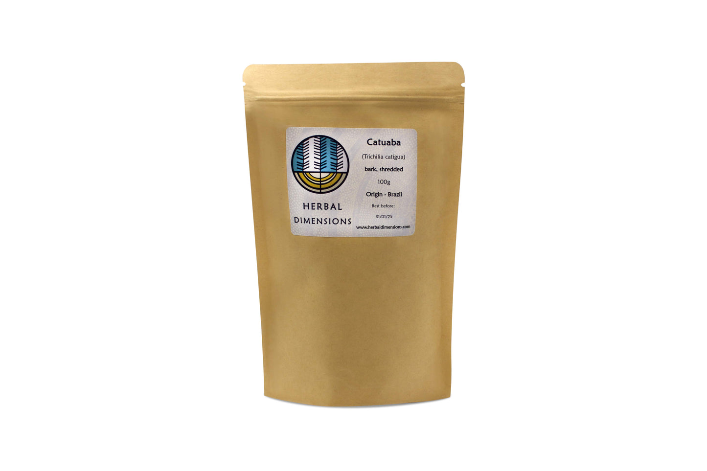 Brown pouch of Catuaba with the Herbal Dimensions logo